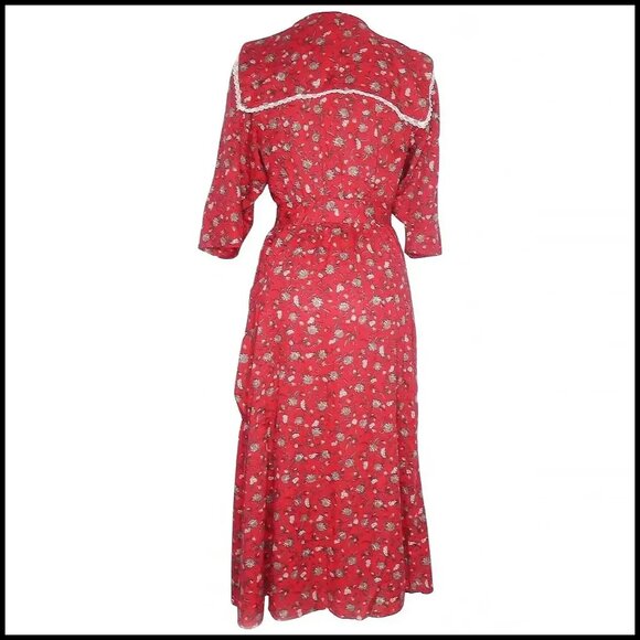 40s Style Red Dress, Sailor Collar Floral Frock with Pockets VFG 80s Vintage - Picture 4 of 14